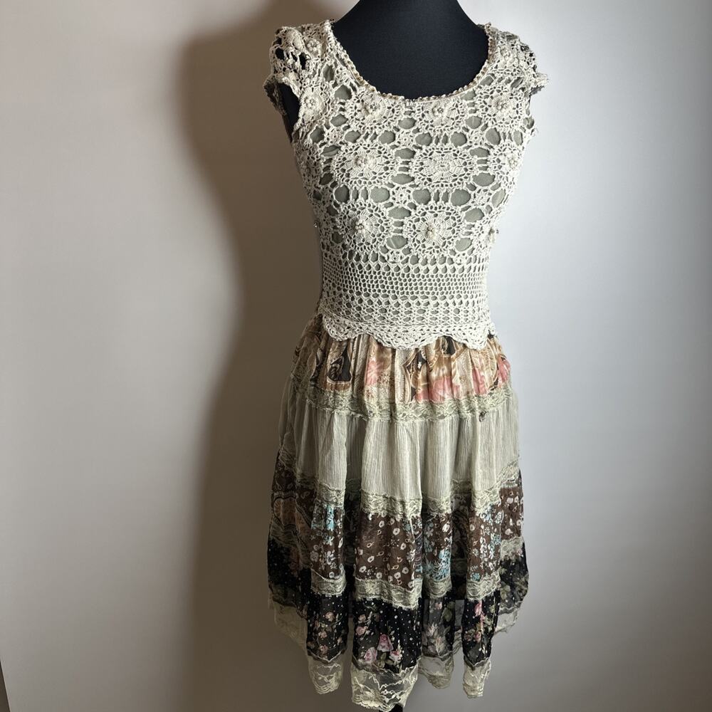 Boho Patchwork Lace Crochet Dress Cap Sleeve Tiered Cottage Festival Sz S FLAWS